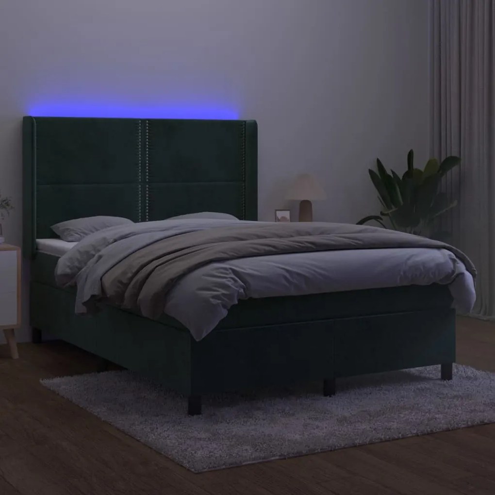 Letto a molle con materasso e led verde scuro 140x190cm velluto