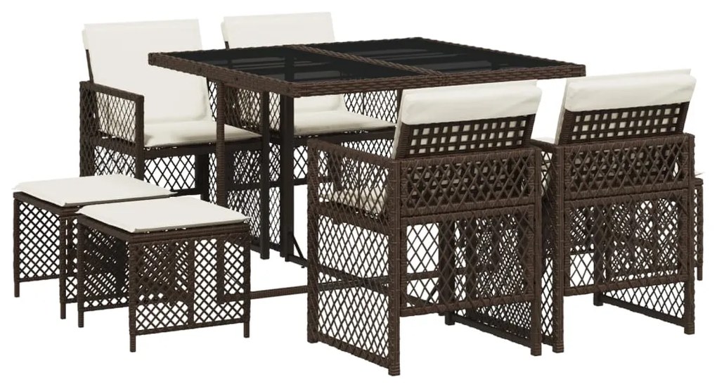 Set da pranzo da giardino 9pz con cuscini marrone in polyrattan