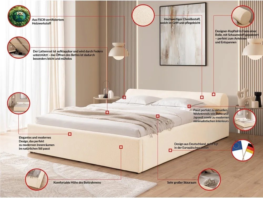 Letto matrimoniale imbottito color crema con contenitore con rete inclusa 200x200 cm Cille – Ropez