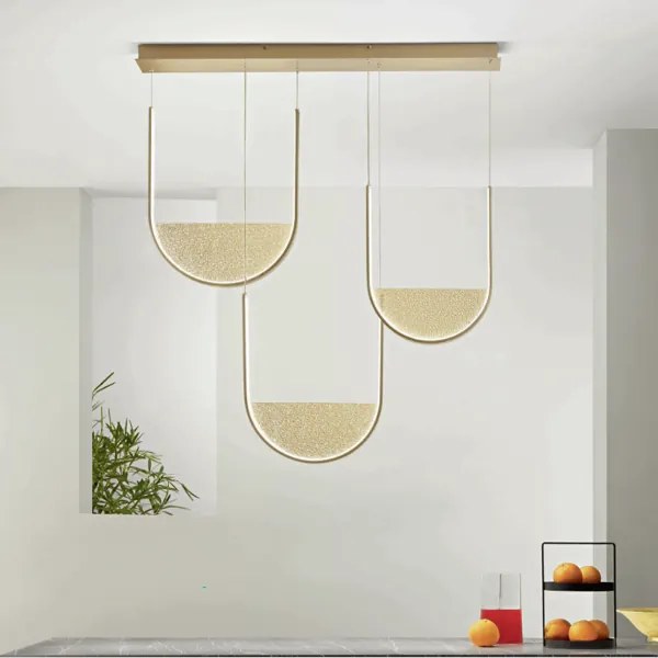 Lampada a sospensione LOTUS 3 Luci base rettangolare 106 cm e vetro granigliato ORO