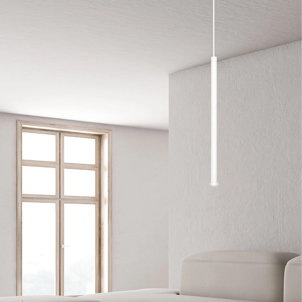 Lampadario 1 Luce Moderno Shu Acciaio Bianco E Paralume A Cilindro Sottile