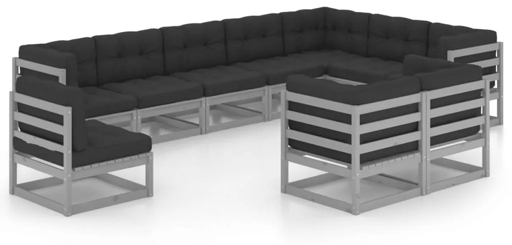 Set divani da giardino 10pz con cuscini grigio massello di pino