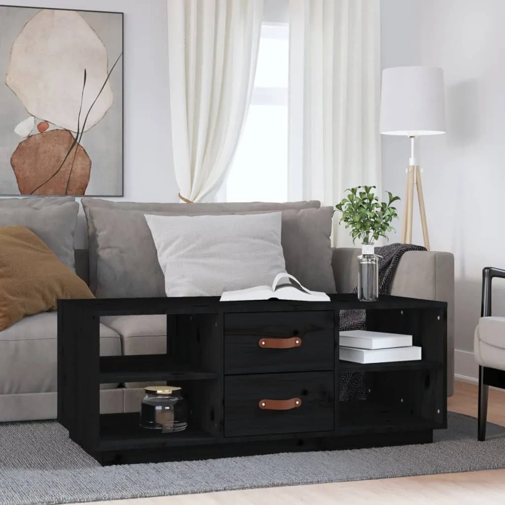 Tavolino Da Salotto Nero 100x50x41 Cm İn Legno Massello Di Pino /