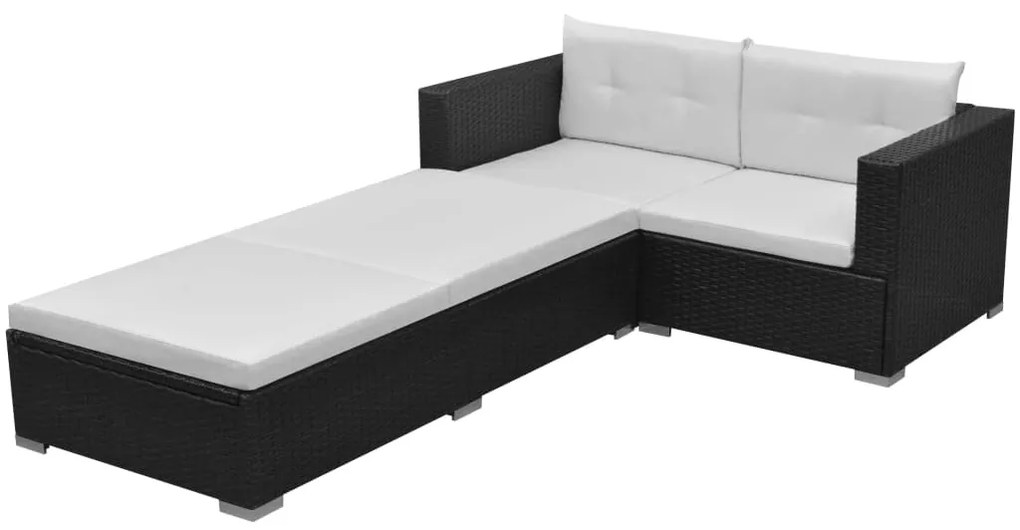 Set divani da giardino 3 pz con cuscini in polyrattan nero