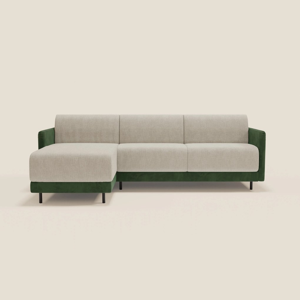 Narciso divano letto angolare con materasso alto 18 cm e penisola contenitore in tessuto bicolore impermeabile T11 e T06 verde - panna
