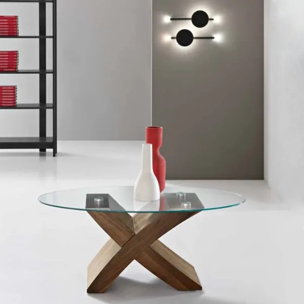 Tavolino piano in vetro ovale TITO con base color TEAK