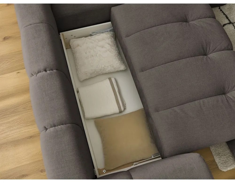 Divano angolare grigio tortora allungabile e con contenitore (penisola a destra/a L) con rivestimento in ciniglia Fuji – Bobochic Paris