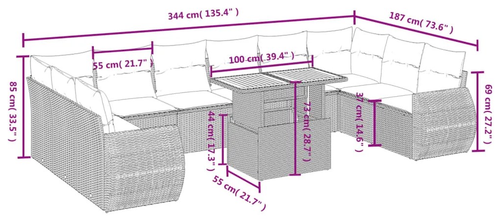 Set divani da giardino 11 pz con cuscini beige in polyrattan