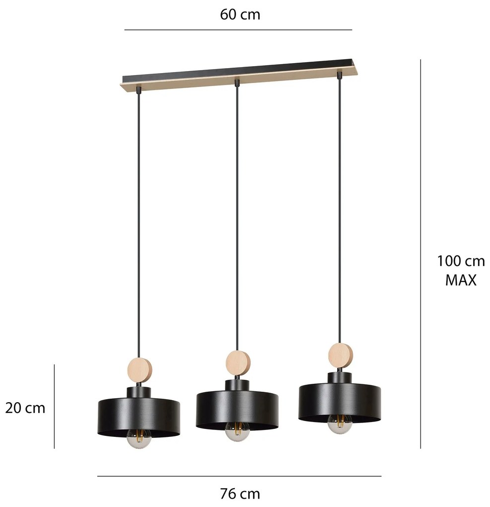 Lampadario 3 Luci Tuniso In Acciaio Nero E Paralumi Con Legno Naturale