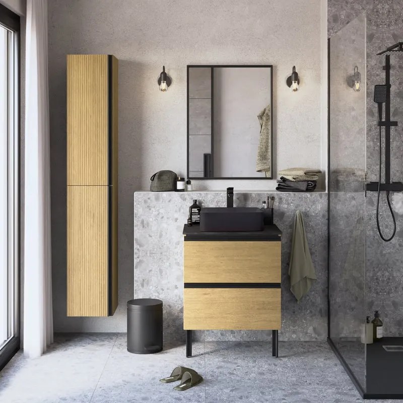 Mobile bagno sospeso con lavabo, top incluso L 60 x H 58 x P 48.1 cm rovere liscio 2 cassetti per vasca centrale Studio
