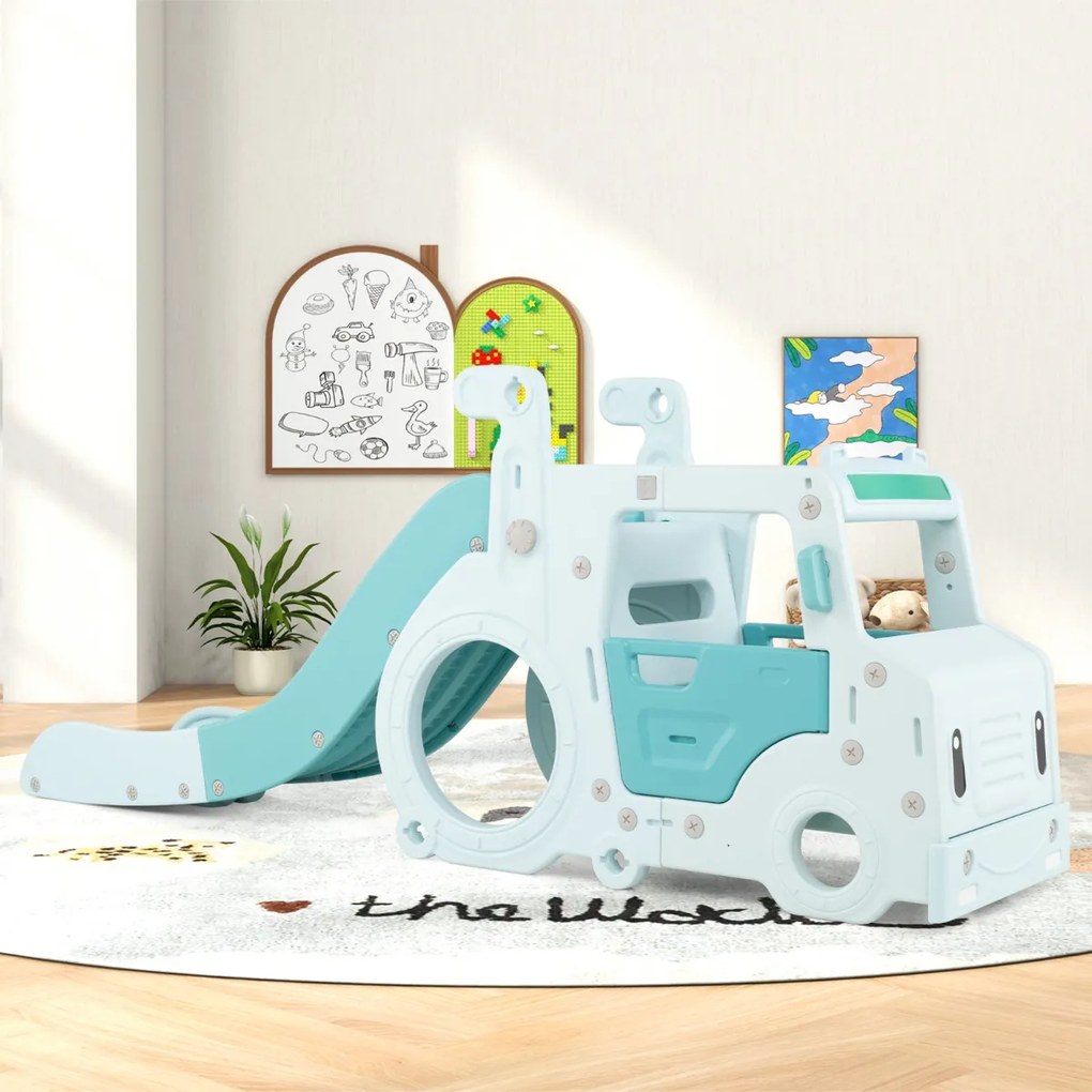 Costway Scivolo per bambini 18 mesi+ 3-in-1 con casa giocattolo a forma di autobus corrimano rialzati, Set di gioco interno Blu