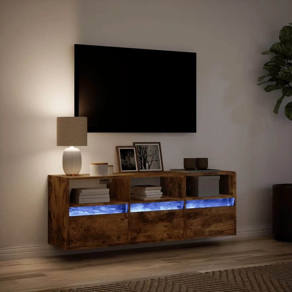 Mobile tv a parete con luci led rovere fumo 130x31x45 cm