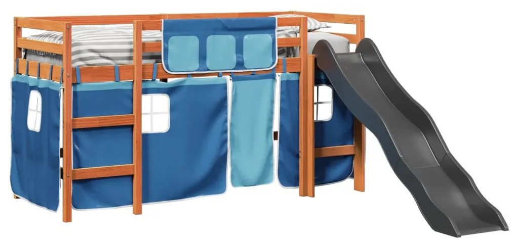 Letto a soppalco con tende bambini blu 90x200 cm massello pino