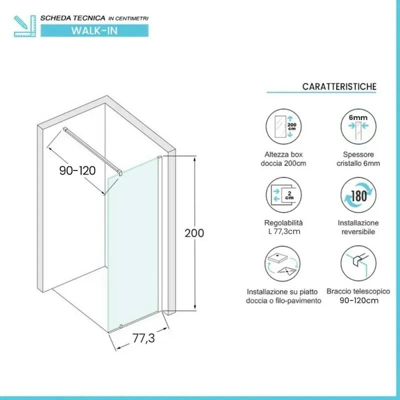Parete doccia walk-in 77,3 cm cristallo trasparente 6mm profilo bianco Klug