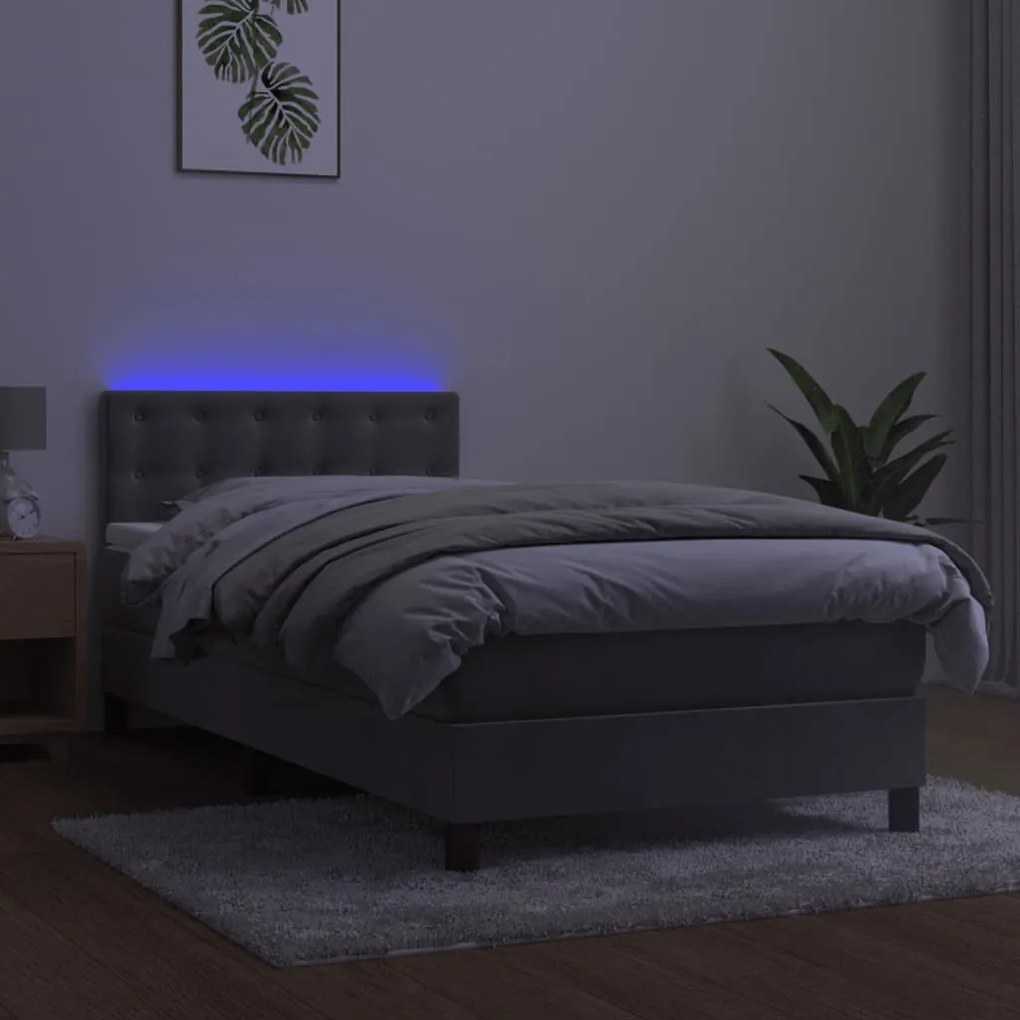 Letto a molle materasso e led grigio chiaro 90x200 cm velluto