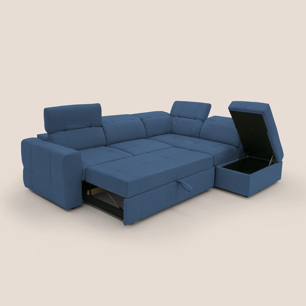 Kronos Divano angolare con poggiapiedi estraibile e pouf contenitore mobile in microfibra impermeabile T11 blu