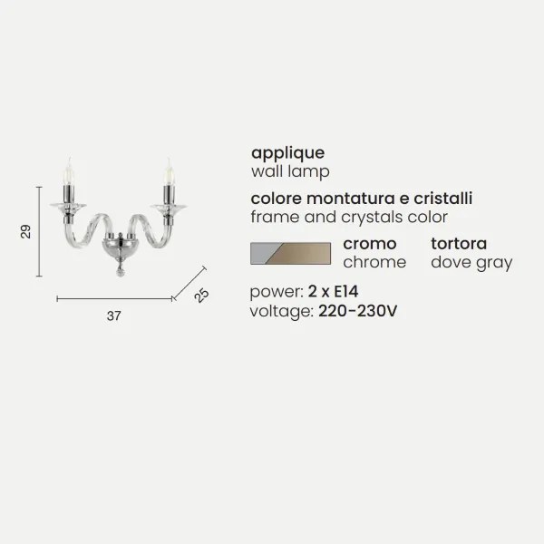 Applique GALA 37 cm in vetro con dettagli in metallo 2 Luci Tortora
