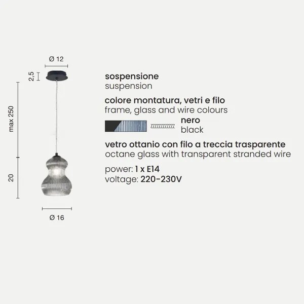 Lampada sospensione D16 cm in vetro soffiato Ottanio - MADAGASCAR Mod2