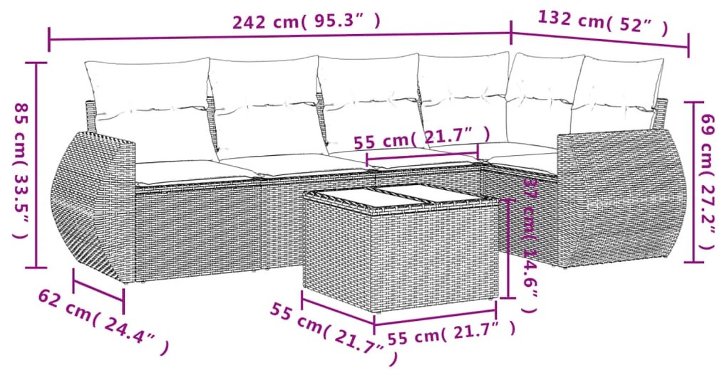 Set divano da giardino 6pz con cuscini grigio chiaro polyrattan