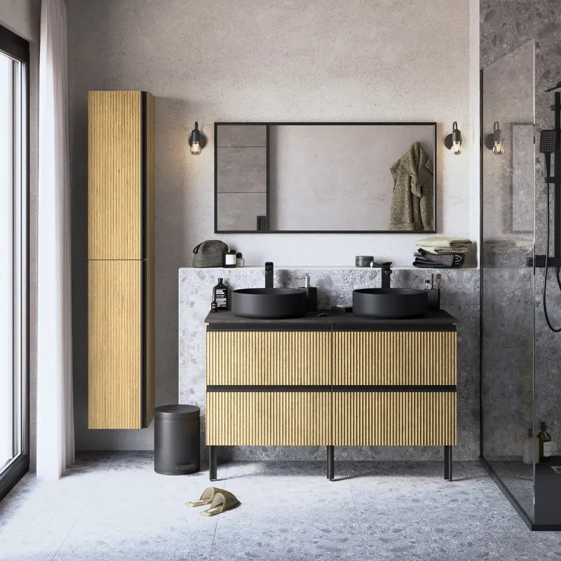Mobile da bagno Studio composto da base porta lavabo 2 cassetti rovere cannettato L 120 X H 58 X P 48,1 cm, top effetto pietra e lavabo d'appoggio tondo nero opaco.