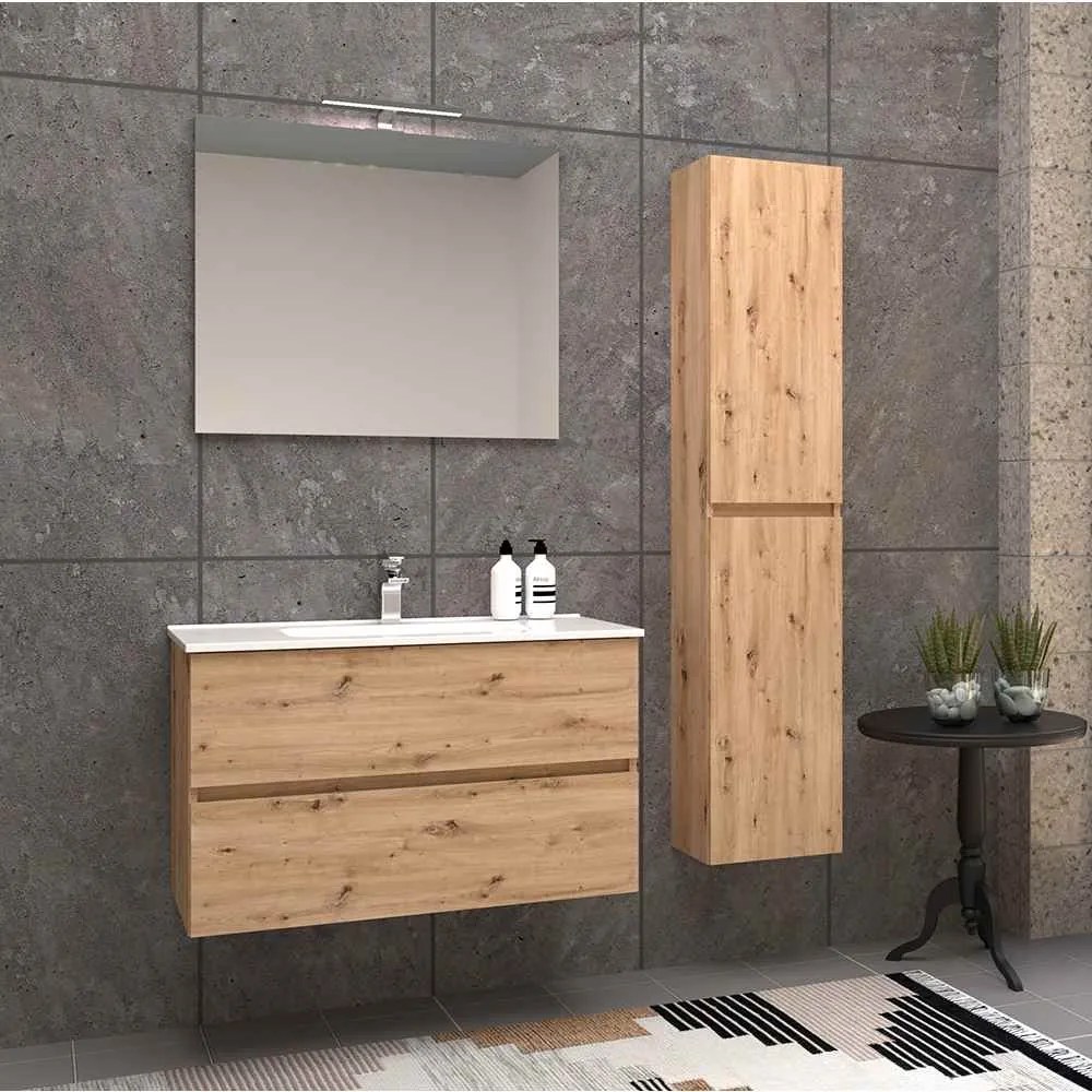 Mobile bagno con colonna e specchio 90 cm sospeso rovere nodato