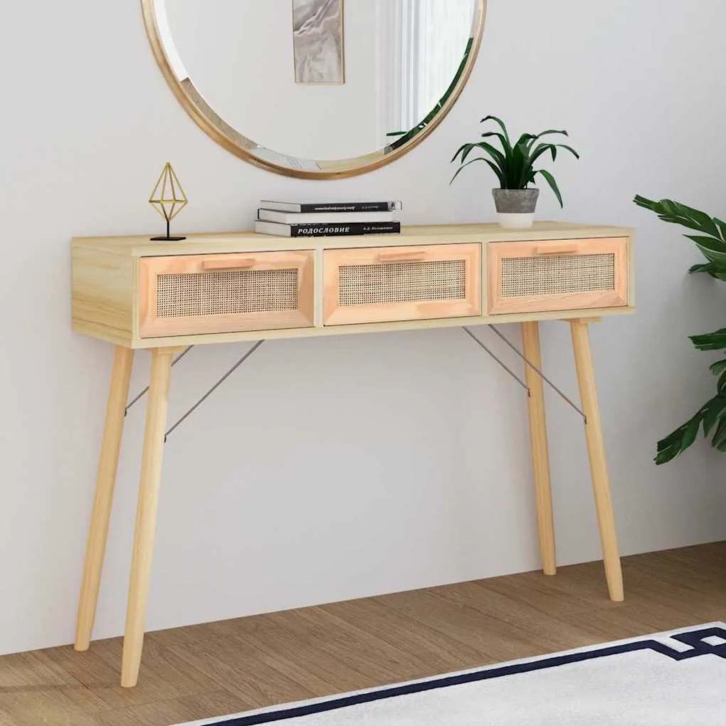 Tavolo Consolle Marrone 105x30x75 Massello Pino Rattan Naturale /