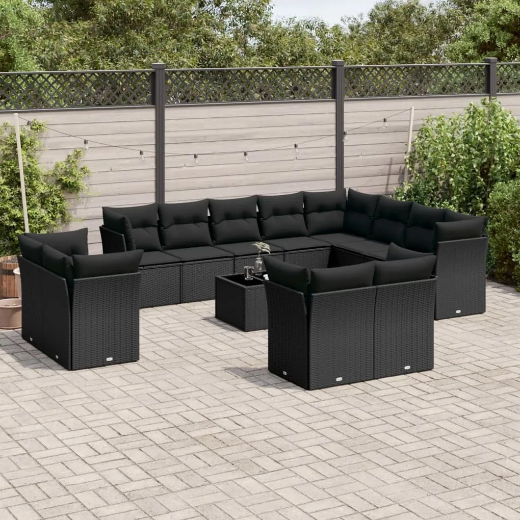 Set divani da giardino 13pz con cuscini nero in polyrattan