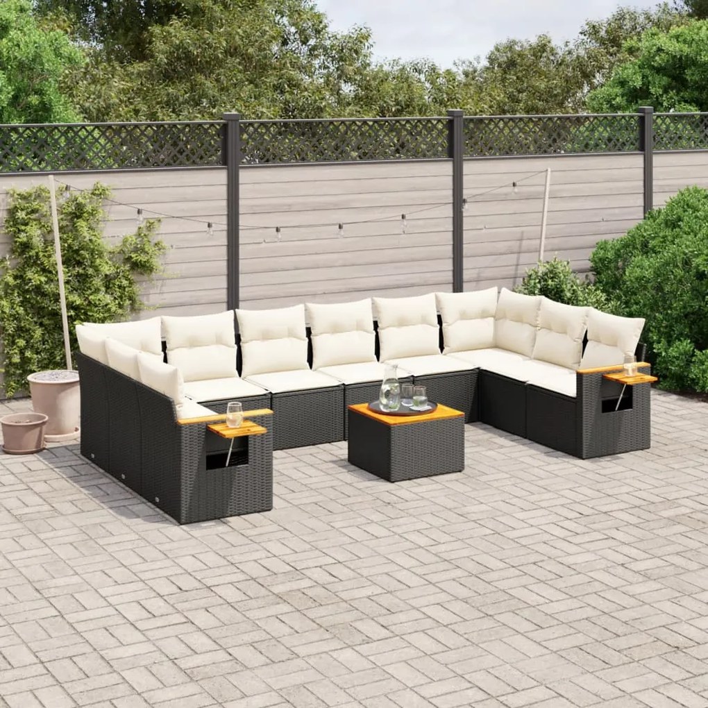 Set divani da giardino 11 pz con cuscini in polyrattan nero