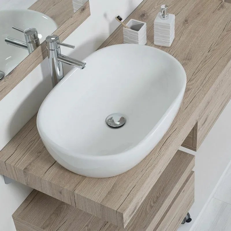 Lavabo da appoggio ovale in ceramica 61,5 x 42,5 cm bianco lucido