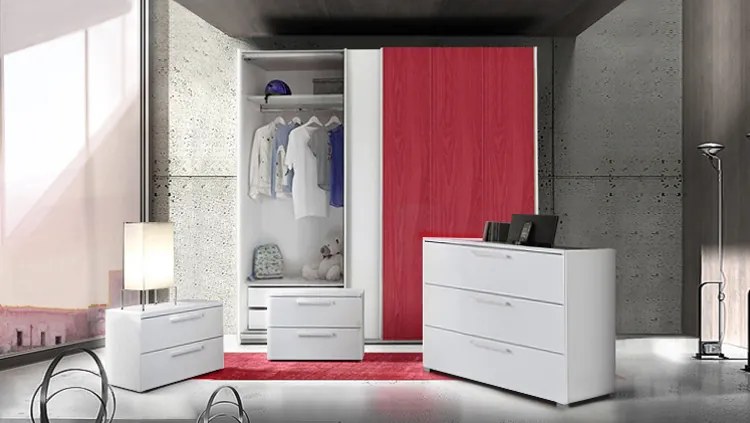 Set zona notte con Armadio Vertigo, Comò e Coppia Comodini, Bianco opaco e Rosso