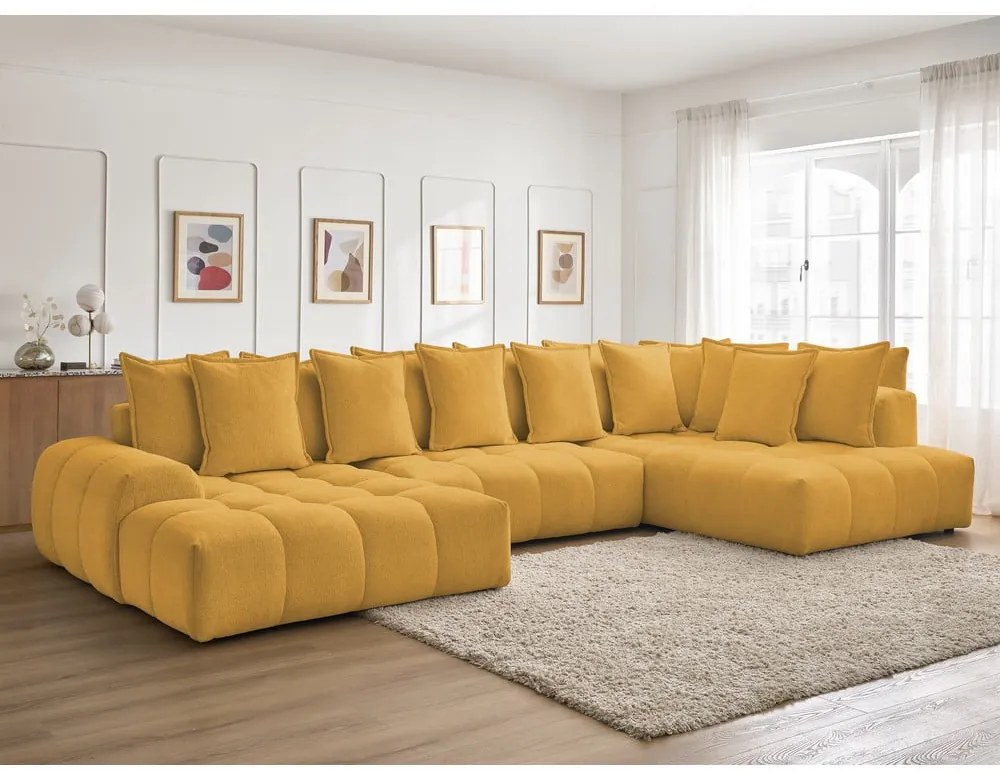 Divano angolare color senape allungabile e con contenitore (penisola a destra/a U) con rivestimento in ciniglia Everest – Bobochic Paris