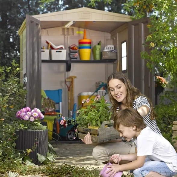 Casetta Da Giardino In Resina 178x195,5x208H Cm Factor 6x6 Beige Keter Con Mensole