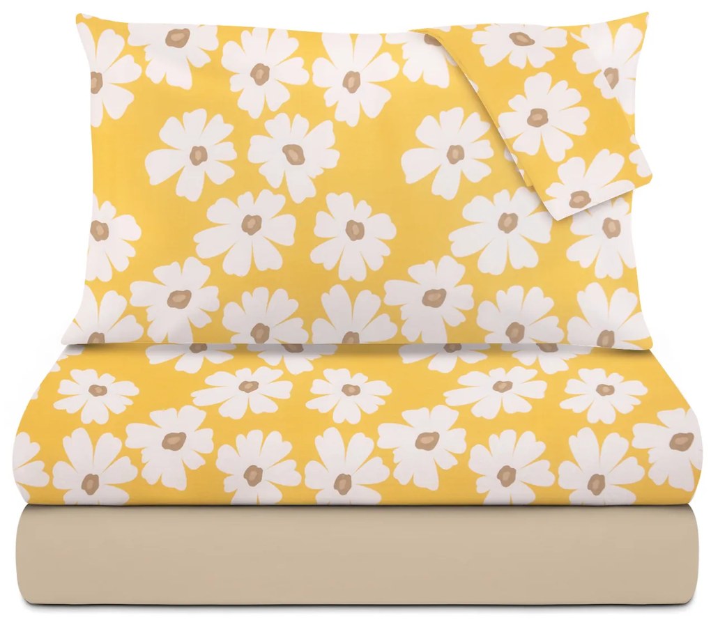 Completo letto matrimoniale cotone fiori gialli