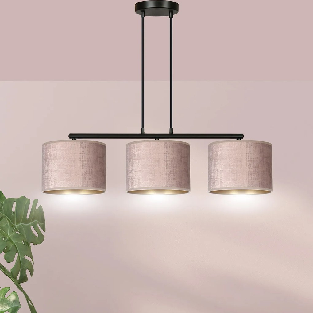 Lampadario 3 Luci Ganesha In Acciaio Nero E Paralumi In Tessuto Rosa