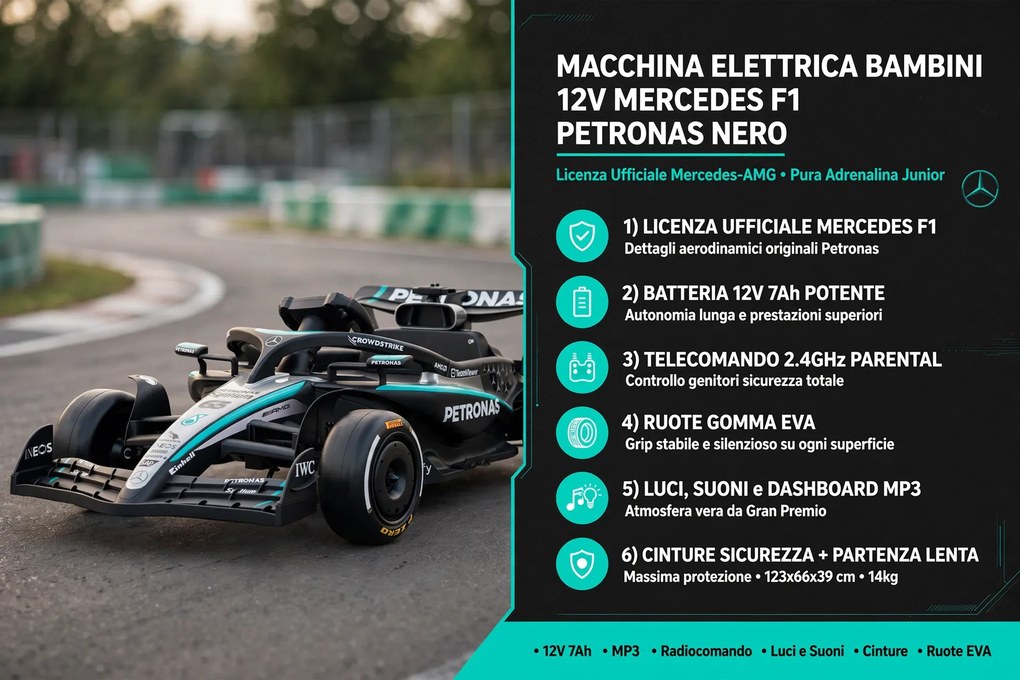 Macchina Elettrica per Bambini Licenza Mercedes F1 12V con Telecomando Nero...