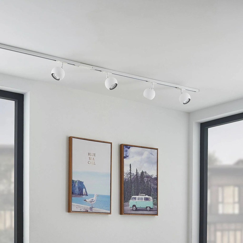 Sistema a binario Lindby Linaro, GU10, 4 luci, bianco, Ø 9 cm Linaro Lindby, dimmerabile, Bianco / Opale, Corridoio, Metallo, Moderno, Lampada a binario