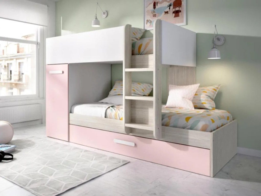 Letto a castello con cassetto letto a scomparsa e contenitori 3 x 90 x 190 cm Bianco, Naturale e Rosa - ANTHONY