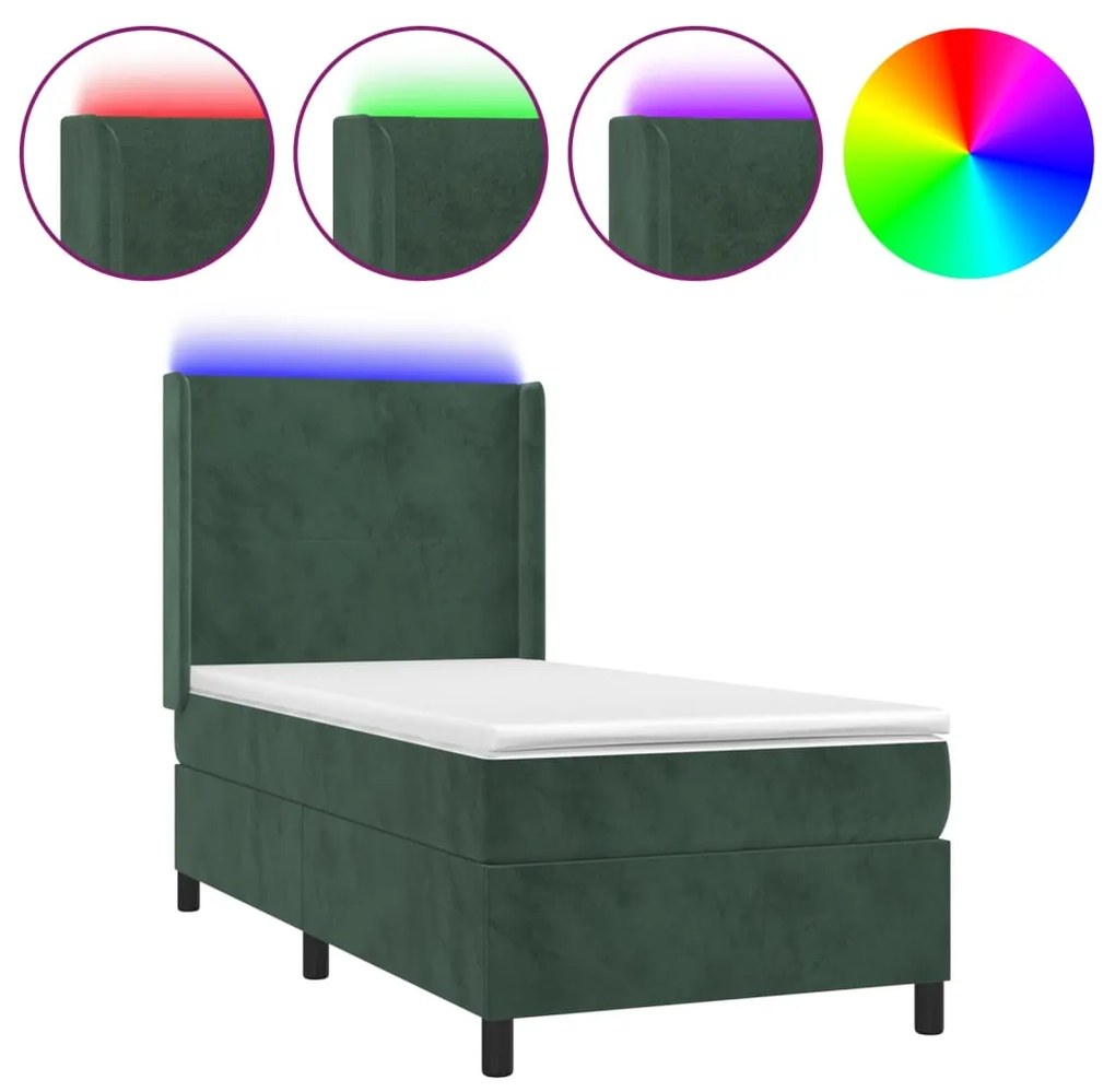 Letto a molle con materasso e led verde scuro 90x190 cm velluto