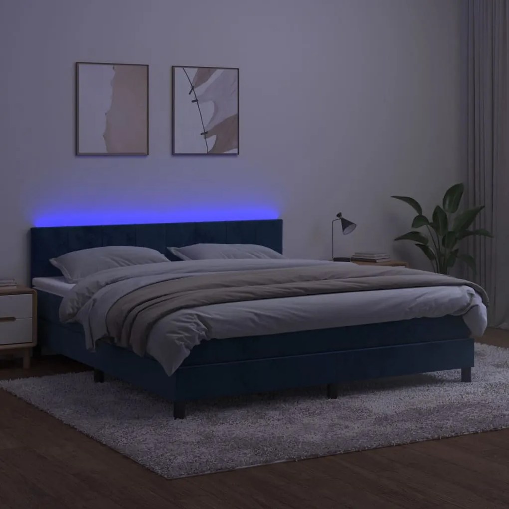 Letto a molle con materasso e led blu scuro 180x200 cm