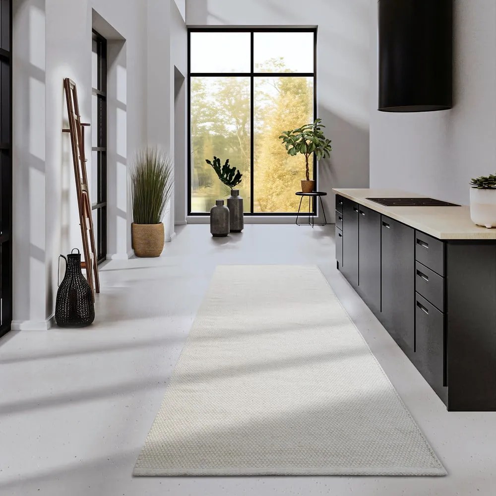 Passatoia in misto lana intrecciata a mano color crema 80x200 cm Pradesh Natural White - Elle Decoration