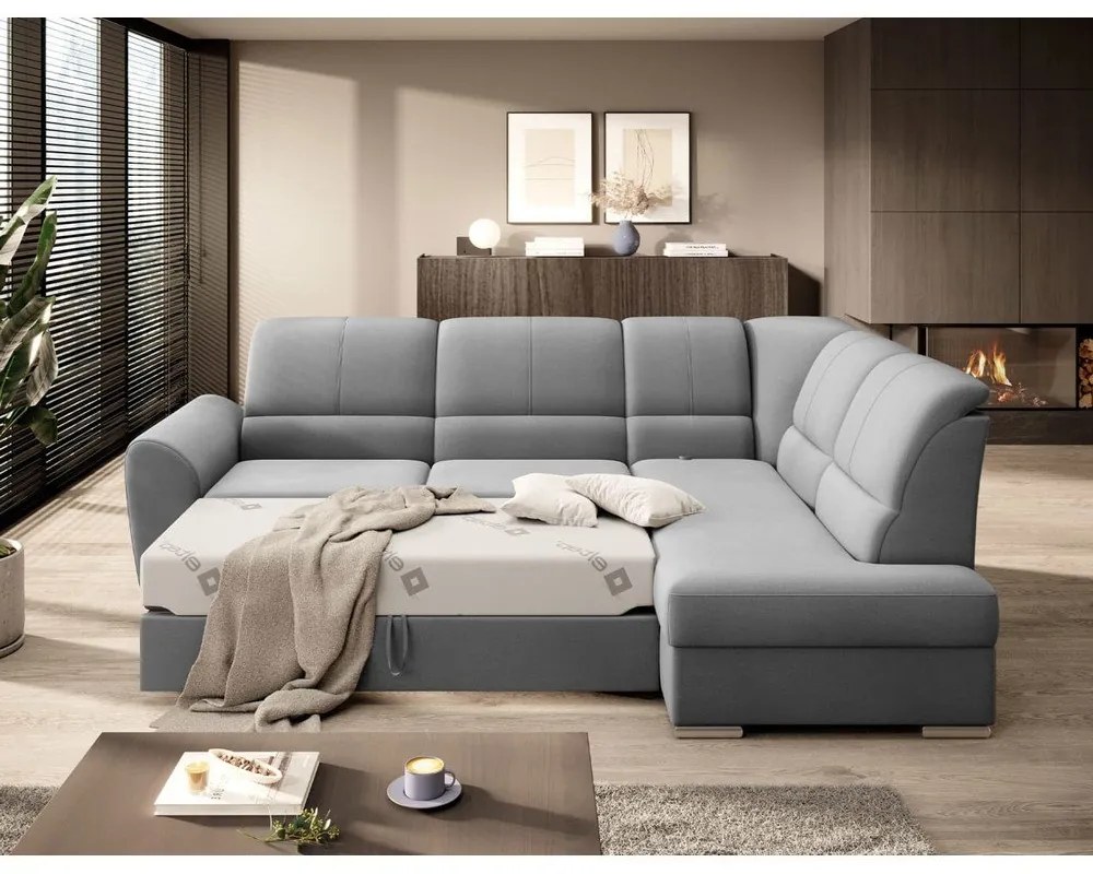 Divano angolare grigio allungabile/con contenitore (con penisola a destra/a L) e rivestimento in velluto Siber – ELTAP