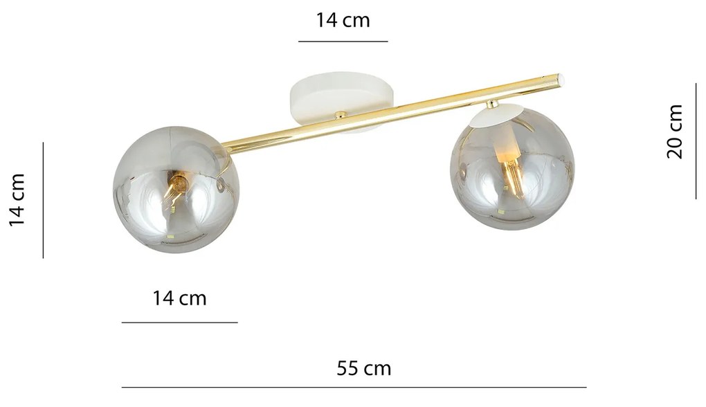 Plafoniera Contemporanea 2 Luci Eracle In Acciaio Oro/Bianco E Sfere Vetro Fumè