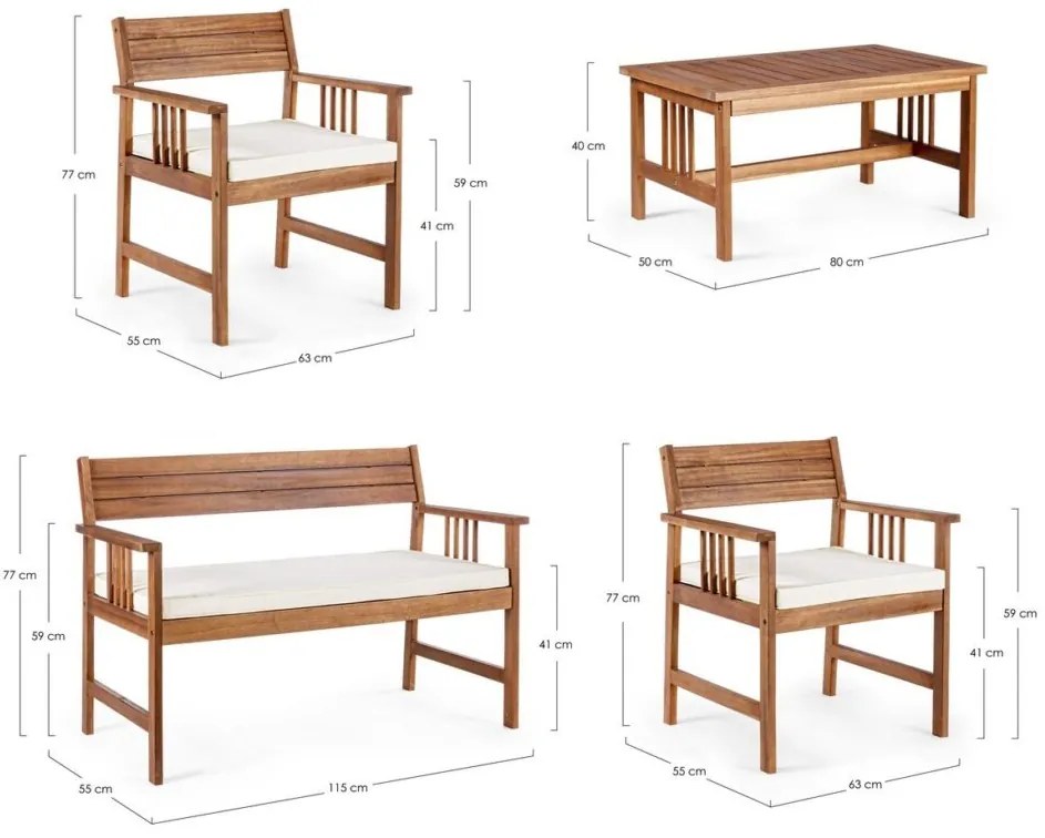 Set salotto NOEMI in legno d&#8217;acacia con cuscini