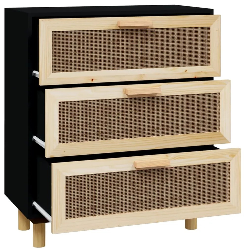 Credenza nera 60x30x70 cm legno massello pino e rattan naturale