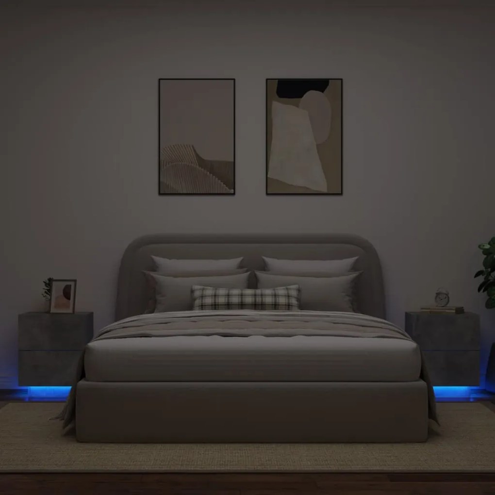 Comodini Con Luci Led 2pz Grigio Cemento İn Legno Multistrato /