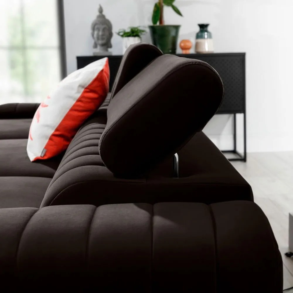 Divano angolare marrone scuro allungabile/con contenitore (con penisola a sinistra/con chaise lounge) e rivestimento in velluto Grayson – ELTAP