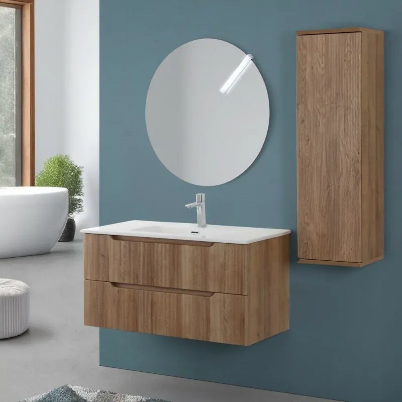 Mobile bagno sospeso 100 rovere cannettato doppi cassetto lavabo e specchio Wise