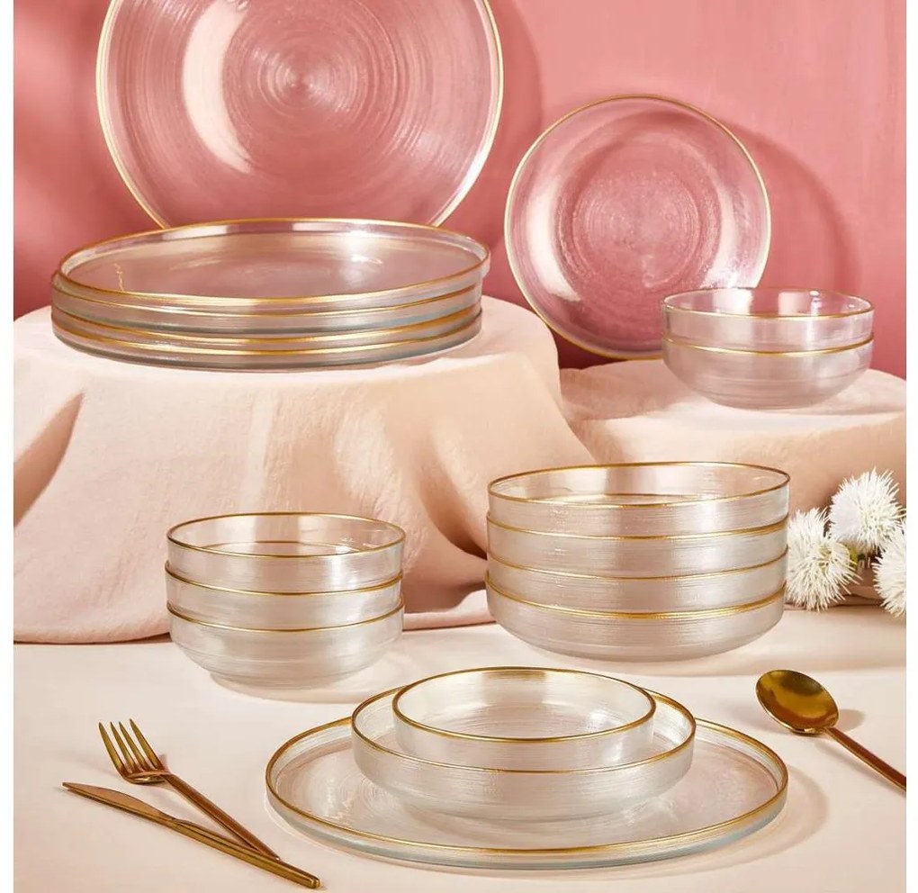 Set da tavola 18 pezzi in vetro trasparente con dettagli dorati