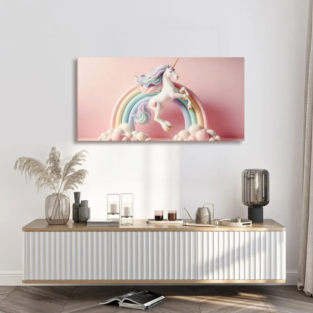 Quadro su tela – Unicorno fiabesco su arcobaleno pastello
