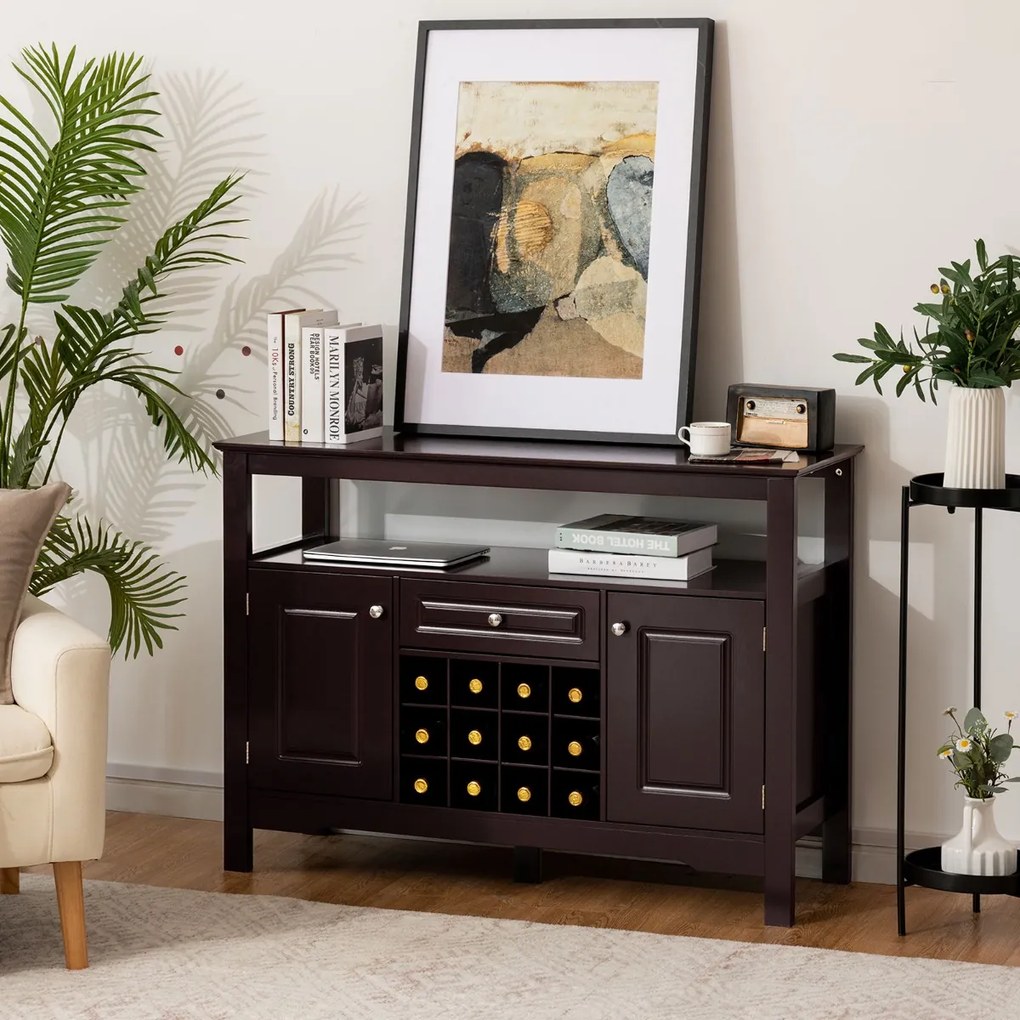 Costway Credenza per cucina con porta bottiglie di vino a forma incrociata, Mobile da cucina con mensola aperta Caffè